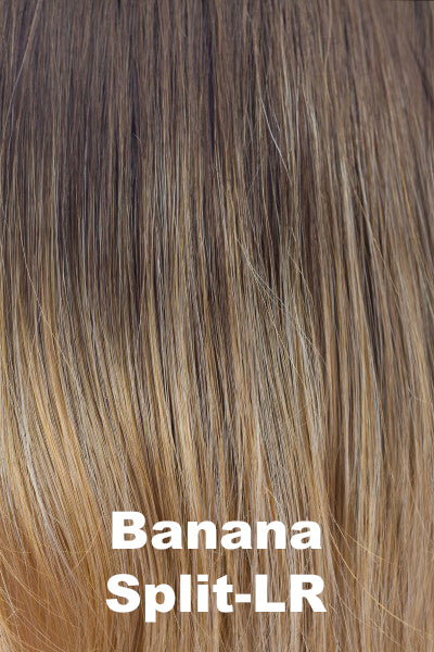 Color Banana Split-LR for Rene of Paris Medium Top Piece (#731). Long rooted chocolate brown gradually blending to a light golden blonde and warm blonde highlights.