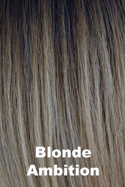 Color Blonde Ambition for Orchid wig Tango (#4100). Butterscotch blonde gradually blending into a creamy blonde, golden blonde and champagne blonde mix with a chocolate brown root.