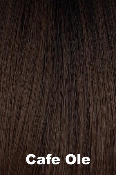 Color Cafe Ole for Orchid wig Tango (#4100). Dark brown with cappuccino and mocha undertones and a slight darker brown rooting.