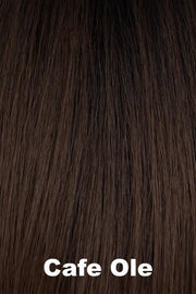 Color Cafe Ole for Orchid wig Posh (#4110). Dark brown with cappuccino and mocha undertones and a slight darker brown rooting.