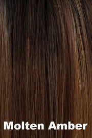 Color Molten Amber for Orchid wig Posh (#4110). Dark brown root melting into a chestnut and deep copper base with creamy golden blonde highlights.