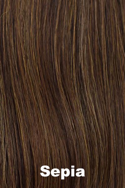 Color Sepia for Orchid wig Attitude (#4107). Golden chestnut base with toasted toffee and amber highlights.