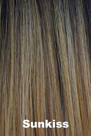 Color Sunkiss for Orchid wig Posh (#4110). Medium brown root gradually blending into honey blonde and golden blonde.