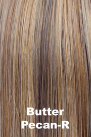 Color Butter Pecan-R for Noriko wig Sky #1649. Pecan blonde base blended with warm toasted pecan white and creamy blonde multidimensional highlights and warm chocolate brown roots.