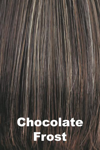 Color Chocolate Frost for Amore wig Codi #2543. Medium brown base with cool toned light blonde and warm toned dark blonde highlights.