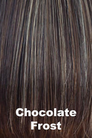 Color Chocolate Frost for Rene of Paris wig Tori #2356. Medium brown base with cool toned light blonde and warm toned dark blonde highlights.