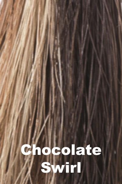 Color Chocolate Swirl for Noriko wig Seville #1685. Rich medium brown base with a warm toned honey blonde and medium wheat blonde highlights.