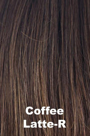 Color Coffee Latte-R for Noriko wig Sky #1649. Rich medium brown base with warm medium brown and medium golden blonde highlights and a deep dark brown root.