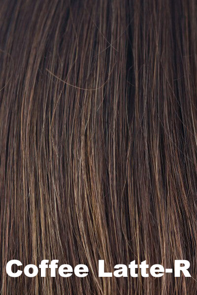 Color Coffee Latte-R for Alexander Couture wig Harper (#1031).  Rich medium brown base with warm medium brown and medium golden blonde highlights and a deep dark brown root.
