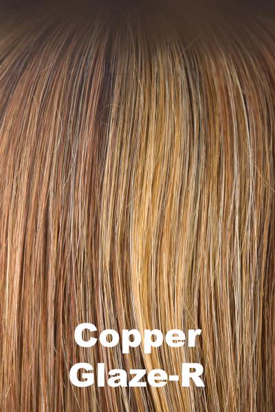 Color Copper Glaze-R for Noriko wig Kenzie #1684. Medium copper brown base with honey golden blonde and red copper highlights and a dark to medium amber brown.