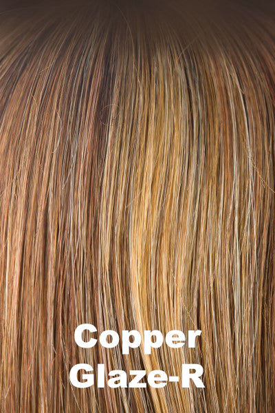 Color Copper Glaze-R for Amore wig Bay (#2585). Medium copper brown base with honey golden blonde and red copper highlights and a dark to medium amber brown.