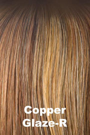 Color Copper Glaze-R for Noriko wig Mason #1632. Medium copper brown base with honey golden blonde and red copper highlights and a dark to medium amber brown.