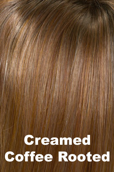 Color Swatch Creamed Coffee for Envy wig Paula Human Hair Blend.  Rich brown base with a warm Mahogony and copper brown with strawberry blonde dimensions.