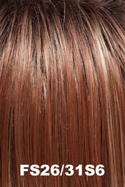 Color FS26/31S6 (Salted Caramel) for Jon Renau wig Ruby (#5403). Dark brown rooted auburn base with heavy golden copper highlights.
