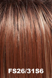 Color FS26/31S6 (Salted Caramel) for Jon Renau top piece Top Wave 18" (#5993). Dark brown rooted auburn base with heavy golden copper highlights.
