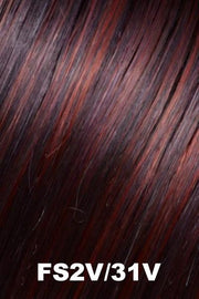 Color FS2V/31V (Chocolate Cherry) for Jon Renau top piece Essentially You (#700). Black base with a violet undertone, crimson red, and violet mahogany highlights.