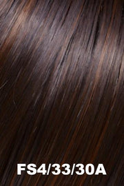 Color FS4/33/30A (Midnight Cocoa) for Jon Renau top piece Essentially You (#700). Dark brown base with medium red brown and chestnut chunky highlights.