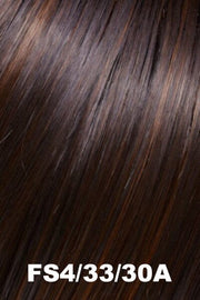 Color FS4/33/30A (Midnight Cocoa) for Jon Renau wig Rachel Lite (#5864). Dark brown base with medium red brown and chestnut chunky highlights.