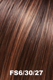Color FS6/30/27 (Toffee Truffle) for Jon Renau top piece Top Wave 18" (#5993). Chestnut brown and auburn blend with golden copper highlights.