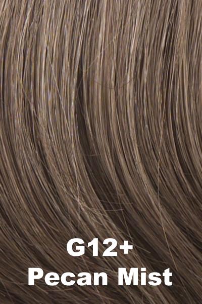 Color Pecan Mist (G12+) for Gabor wig Resolve.  Medium cool toned brown base with dark sandy blonde highlights.