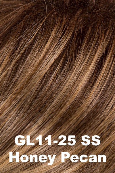 Color SS Honey Pecan (GL11-25SS) for Gabor wig Curves Ahead.  Dark warm blonde with chunky golden highlights and face framing highlights.