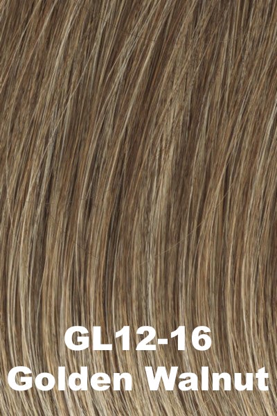 Color Golden Walnut (GL12-16) for Gabor wig Curves Ahead.  Dark warm blonde base with cool toned creamy blonde highlights.