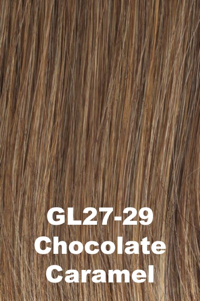 Color Chocolate Caramel (GL27-29) for Gabor wig Forever Chic.  Light chocolate brown base with honey blonde and copper blonde highlights.