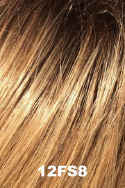 Color 12FS8 (Shaded Praline) for Jon Renau top piece EasiPart HD 8 (#365). Medium brown roots and a light brown, light blonde and pale blonde blend with a golden undertone.