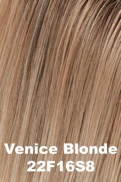 Color 22F16S8 (Venice Blonde) for Jon Renau top piece EasiPart HD 12 (#356). Medium brown root with a cool blend of light ash blonde, dark blonde and golden blonde.