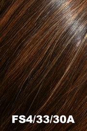 Color FS4/33/30A (Midnight Cocoa) for EasiHair EasiPieces 8'' L x 6" W (#781). Dark brown base with medium red brown and chestnut chunky highlights.