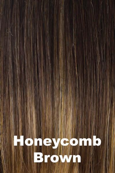 Color Honeycomb Brown for Rene of Paris wig Nakia #2393. Medium chocolate base with medium golden wheat highlights.