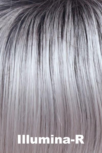 Color Illumina-R for Amore wig Reign #2571. Iridescent white base with silver and pale purple hues and a dark brown root.