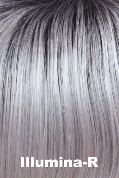 Color Illumina-R for Noriko wig Angelica #1625. Iridescent white base with silver and pale purple hues and a dark brown root.