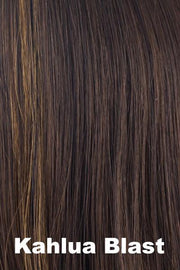 Color Kahlua Blast for Amore wig Phoenix XO (#2565). Dark chocolate base with cool undertones and golden blonde face framing highlights.