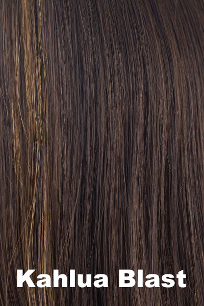 Color Kahlua Blast for Rene of Paris wig Caitlyn #2372. Dark chocolate base with cool undertones and golden blonde face framing highlights.