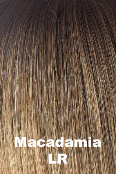 Color Macadamia-LR for Rene of Paris Medium Top Piece (#731). Soft brown root with golden blonde and cool toned walnut brown highlights.