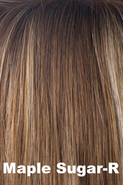 Color Maple Sugar-R for Rene of Paris wig Jude (#2407). Warm dark brown root, light brown base with warm undertones and golden and pale blonde highlights.
