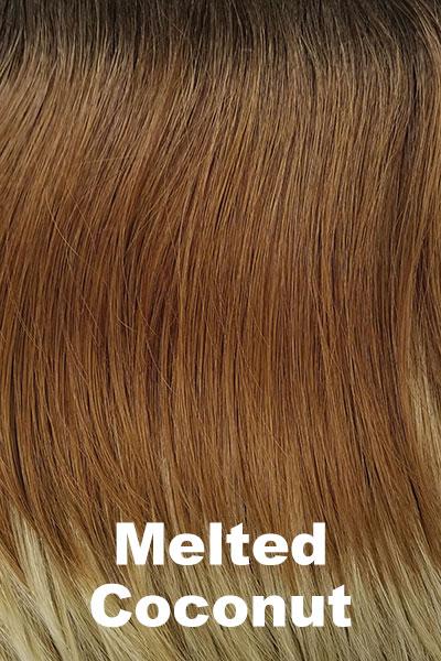 Color Melted Coconut for Rene of Paris wig Nolan (#2399). Dark rich brown root, soft golden medium brown at middle and warm white ends.