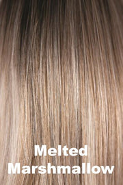 Color Melted Marshmallow for Rene of Paris wig India #2390. Rich dark blonde root blending into a warm toffee base with golden and ash blonde highlights and coconut ash blonde tips.