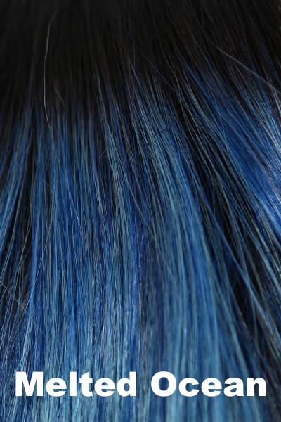 Color Melted Ocean for Rene of Paris wig Anastasia #2388. Dark sapphire blue root blending into a capri blue, sky blue, graphite white and pale pastel blue blend