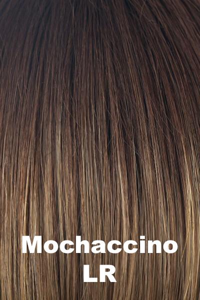Color Mochaccino-LR for Amore wig Evanna Mono (#2568). Rich milk chocolate long root with cream blonde and ice coconut blonde highlights and a caramel undertone.