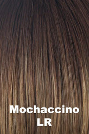 Color Mochaccino-LR for Rene of Paris wig India #2390. Rich milk chocolate long root with cream blonde and ice coconut blonde highlights and a caramel undertone.