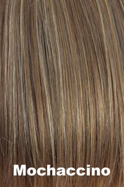 Color Mochaccino for Rene of Paris wig Laine #2317. Rich medium warm brown base with cream and ice coconut blonde highlights and a chocolate undertone.