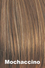 Color Mochaccino for Amore wig Tatum #2548. Rich medium warm brown base with cream and ice coconut blonde highlights and a chocolate undertone.