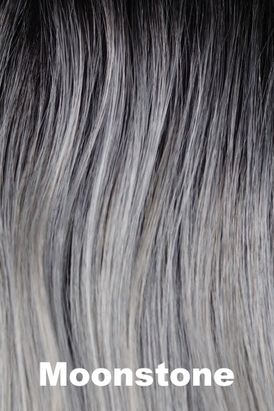 Color Moonstone for Rene of Paris wig Tara (#2402). Cool silvery white grey and creamy white grey blend with naturally dark brown roots.
