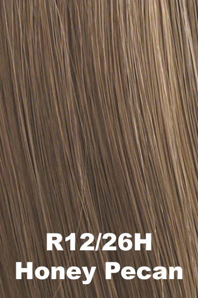 Color Honey Pecan (R12/26H) for Raquel Welch wig Ahead Of The Curve.  Light brown base with dark strawberry blonde highlights.