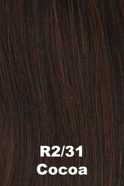 Color Cocoa (R2/31) for Raquel Welch wig Glamour and More Remy Human Hair.  Dark brown base with medium reddish brown highlights.