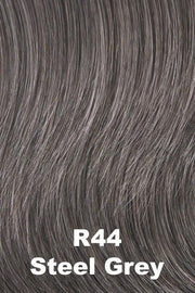 Color Steel Gray (R44) for Raquel Welch Top Piece Faux Fringe.  Steel grey base with light grey highlights woven throughout the base.