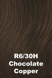 Color Chocolate Copper (R6/30H) for Raquel Welch Bangs Chameleon.  Rich dark chocolate brown with medium auburn highlights.