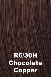 Color Chocolate Copper (R6/30H) for Raquel Welch wig Calling All Compliments Remy Human Hair.  Rich dark chocolate brown with medium auburn highlights.